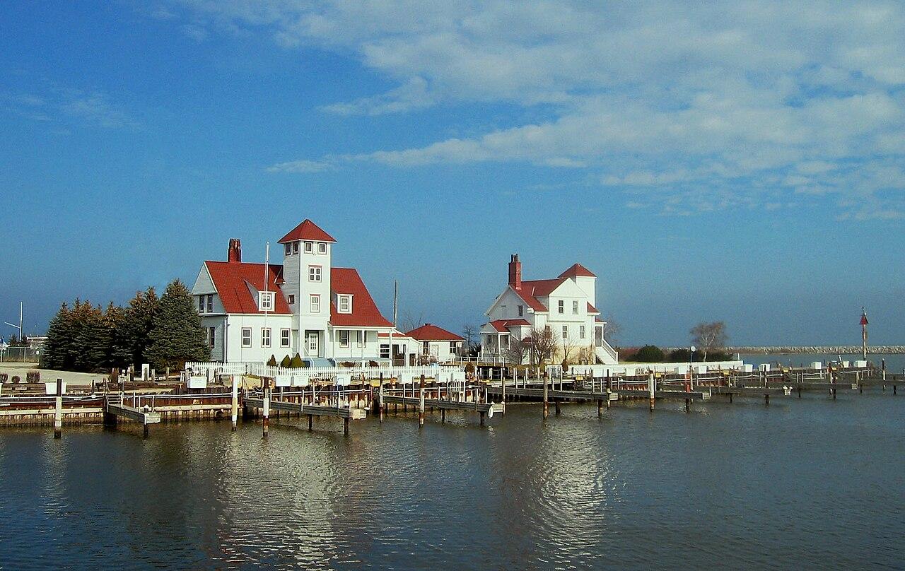 1865 Racine Harbor lighthouse and life saving station at the mouth of the Root River, Racine, Wisconsin.