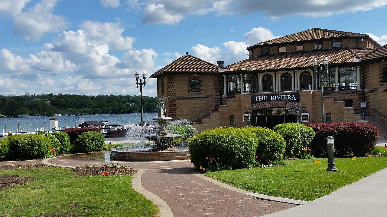 Downtown Lake Geneva, WI - The Rivera. Building with water in the background.