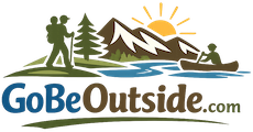 GoBeOutside.com logo with a hiker, paddles, mountains, a pine tree, and the sun coming up from the mountains.
