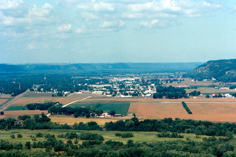 A telephoto view of Prairie du Chien, Wisconsin, looking north from a viewpoint at Wyalusing State Park. The Mississippi River is in the background, but cannot be seen.