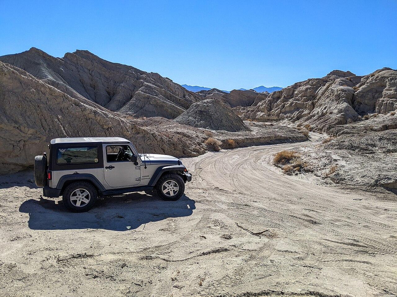 Anza-Borrego Desert State Park - road with a Jeep parked.