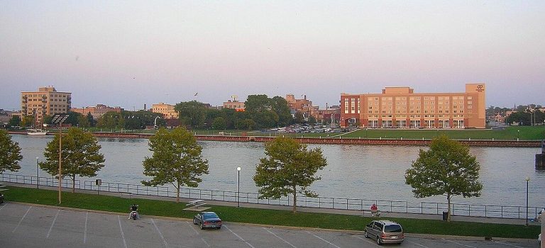 Bay City, looking East from Veterans Memorial Park. Bay City, Michigan at dusk.