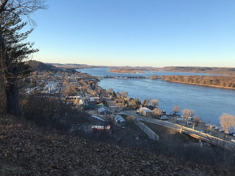 Downtown Bellevue, Lock & Dam No. 12, and the Mississippi River from the Bellevue State Park Overlook.