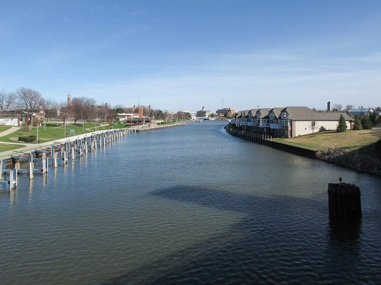 The Black River as viewed downstream from the east side of a bridge on 10th Street in Port Huron, Michigan.
