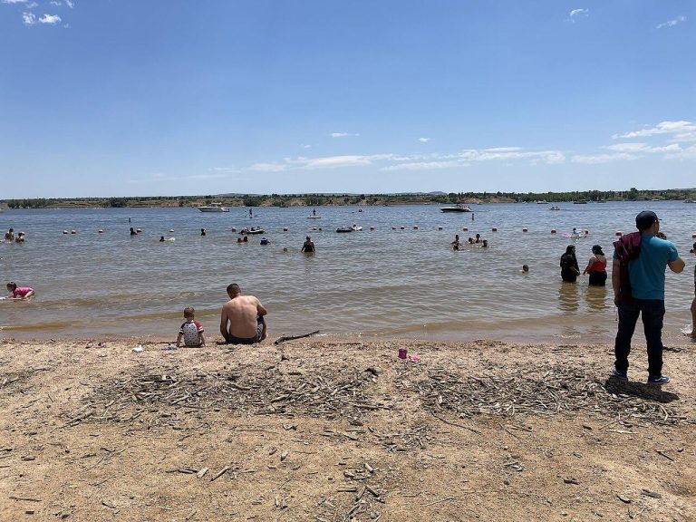 Chatfield Reservoir in Chatfield State Park in Littleton, Colorado looking east from Chatfield Swim Beach