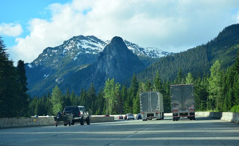 Going west on Interstate 90 in Snoqualmie Pass, Washington. Guye Peak Ahead