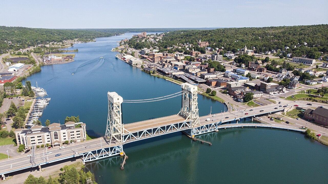 Aerial photo of Portage Lake Lift Bridge.