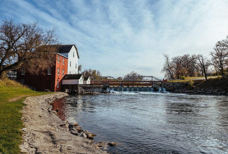 The historic Phelps Mill at Phelps Mill Park in Underwood, Otter Tail County, Minnesota. On the Otter Tail River.