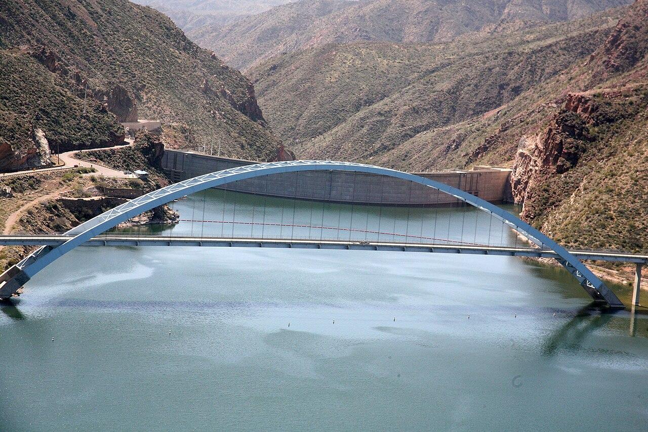Roosevelt Bridge over Roosevelt Lake in Arizona, Theodore Roosevelt Dam in background