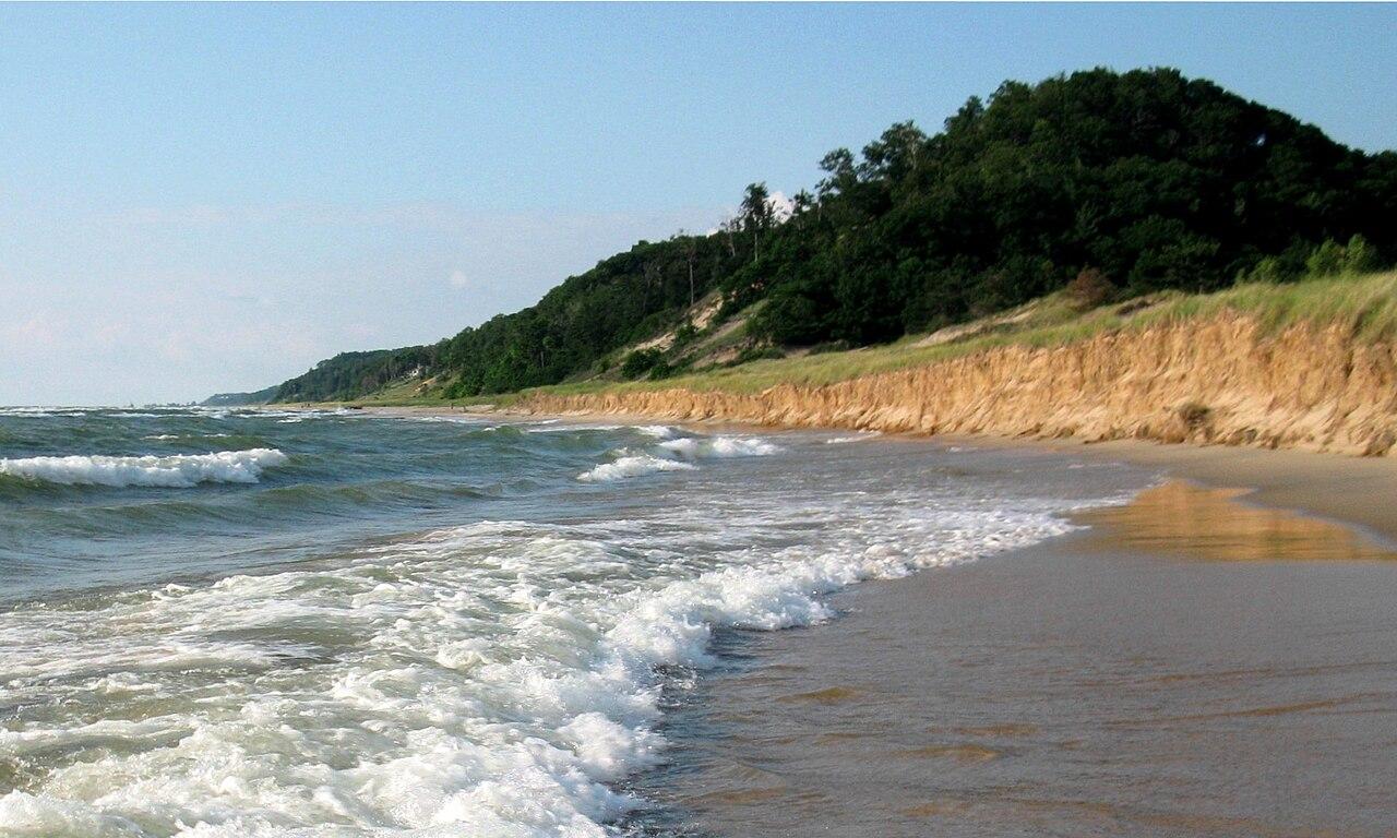 Shoreline and a large covered dune, looking north from one of the main paths to the shore, Saugatuck Dunes State Park, Michigan