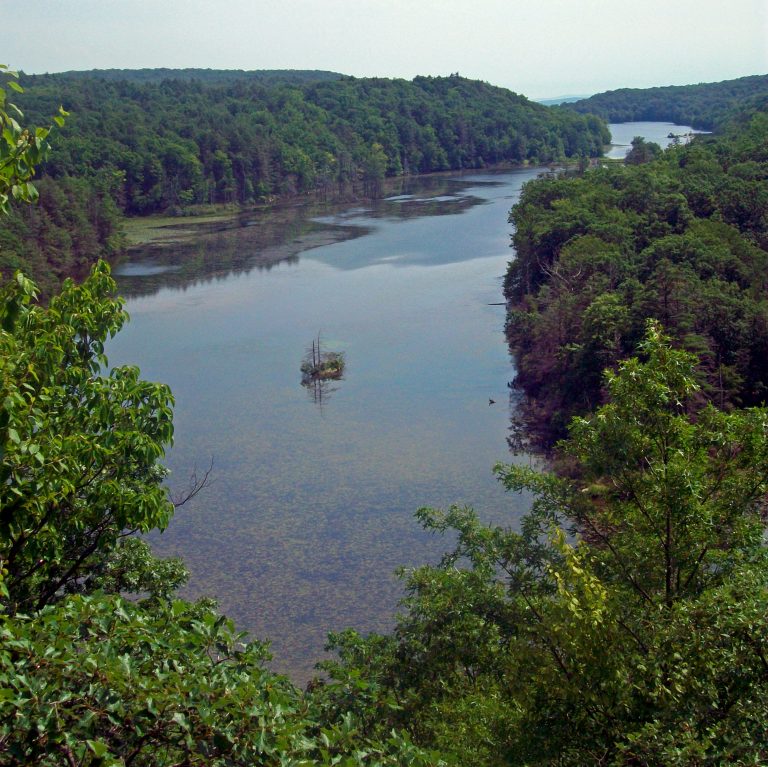 Canopus Lake seen from the viewpoint on the Appalachian Trail at its north end, in New York's Clarence Fahnestock State Park.