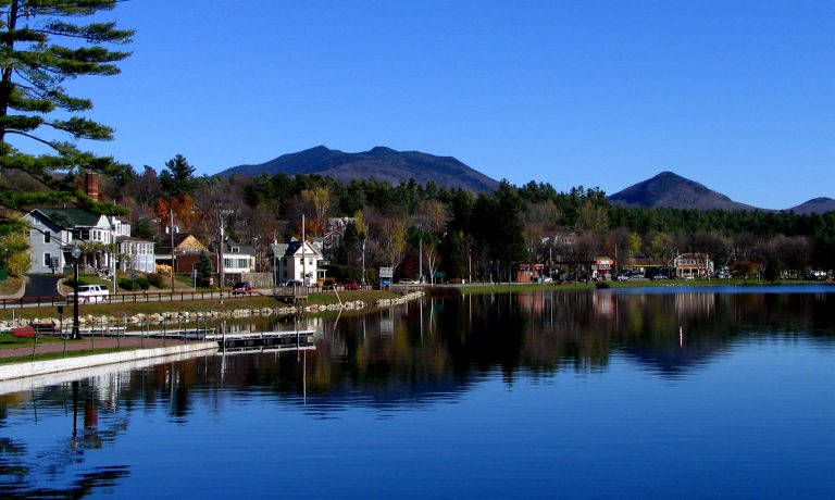 McKenzie Mountain (left) and Haystack Mountain from Lake Flower in Saranac Lake, New York.