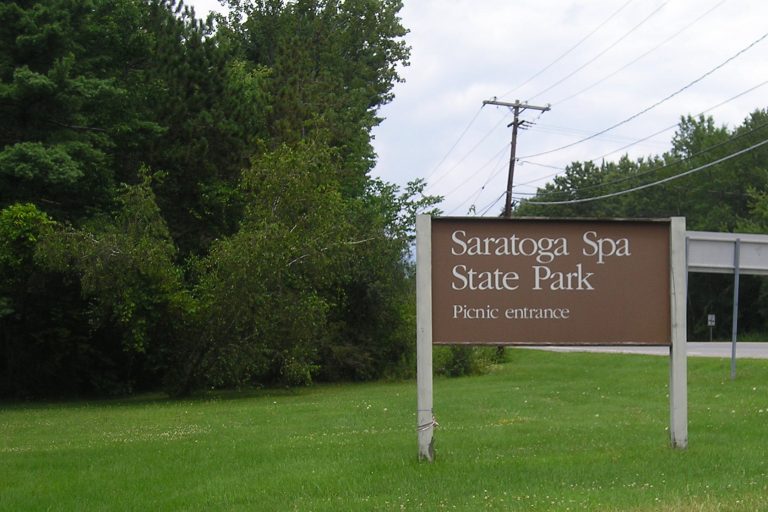 The picnic and day-use entrance to Saratoga Spa State Park in Saratoga at the corner of Route 9 and E West Rd in Saratoga Springs, New York as photographed 1 August 2008.