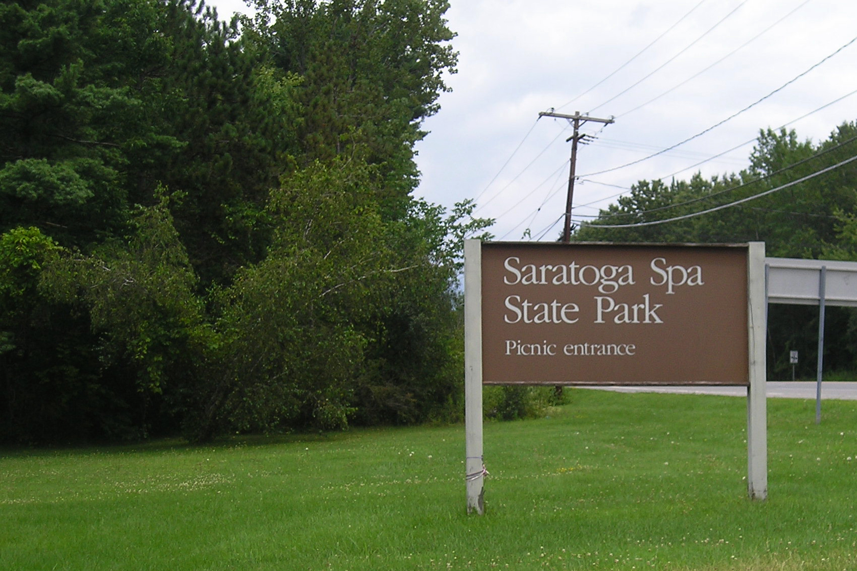 The picnic and day-use entrance to Saratoga Spa State Park in Saratoga at the corner of Route 9 and E West Rd in Saratoga Springs, New York as photographed 1 August 2008.