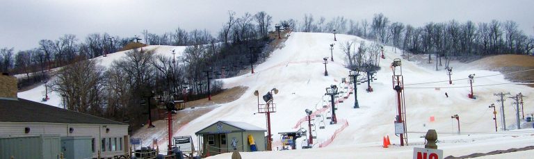 Snow-covered ski runs and lift-served terrain at Snow Creek in Missouri
