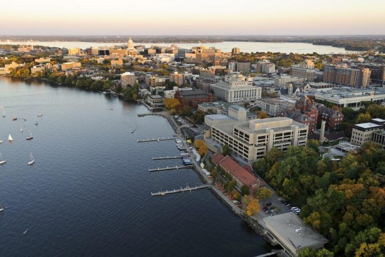 Aerial View of Campus, with Helen C. White Hall in Foreground and the Memorial Union Terrace on Lake Mendota
